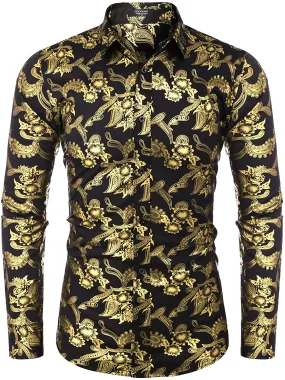 Men's Elegant Paisley Black/Gold Floral Printed Dress Shirt