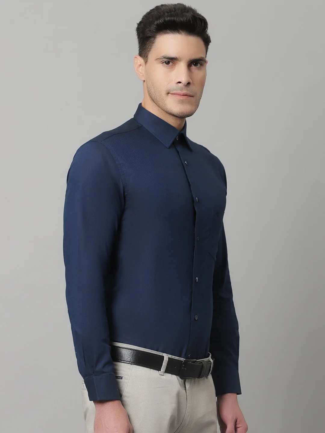 Men's Navy Blue Party Plain Full Sleeve Shirt