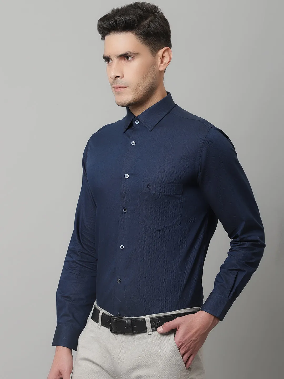 Men's Navy Blue Party Plain Full Sleeve Shirt