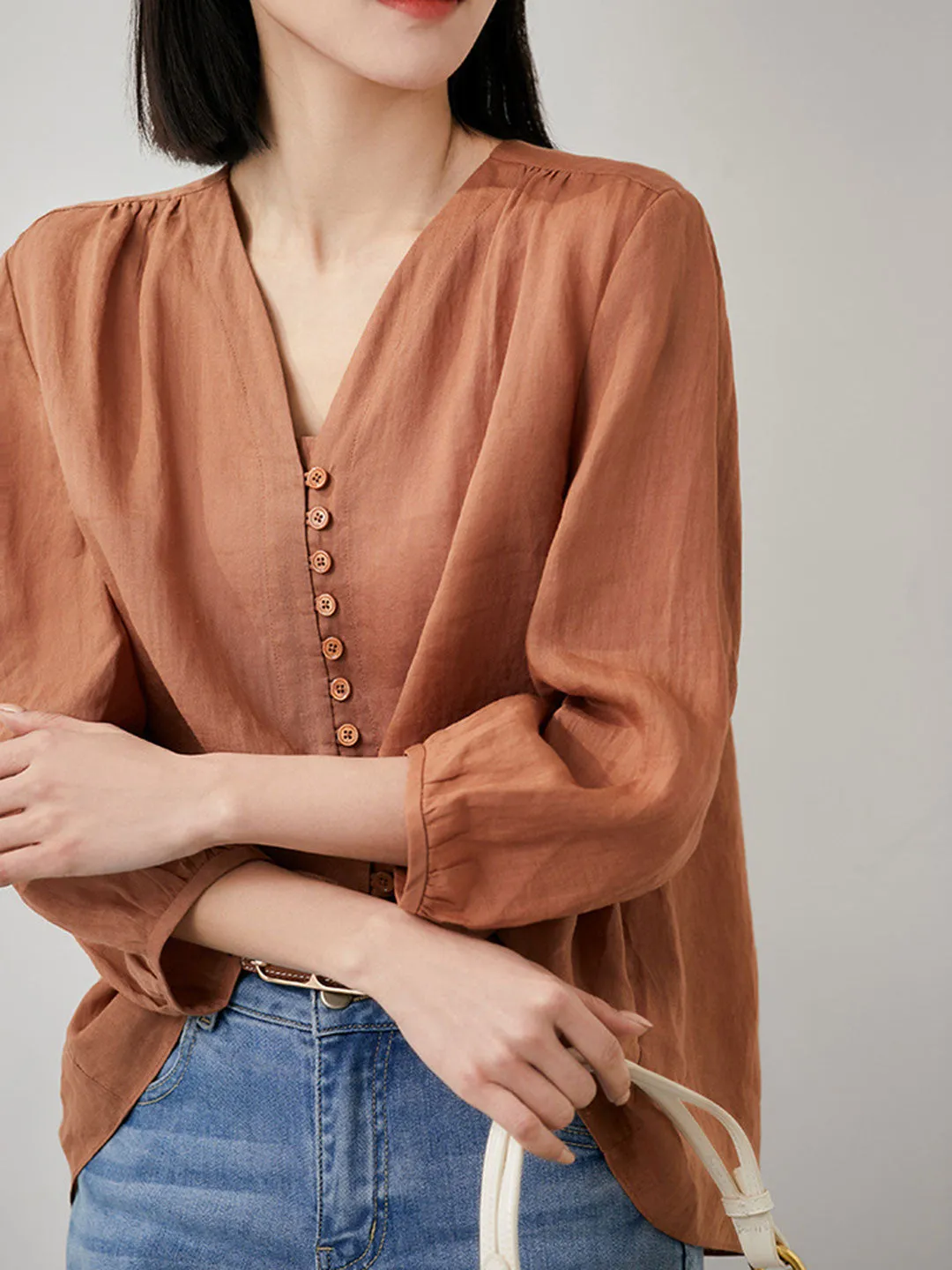 Molly Elegant Puff Sleeve Loose Shirt-Khaki