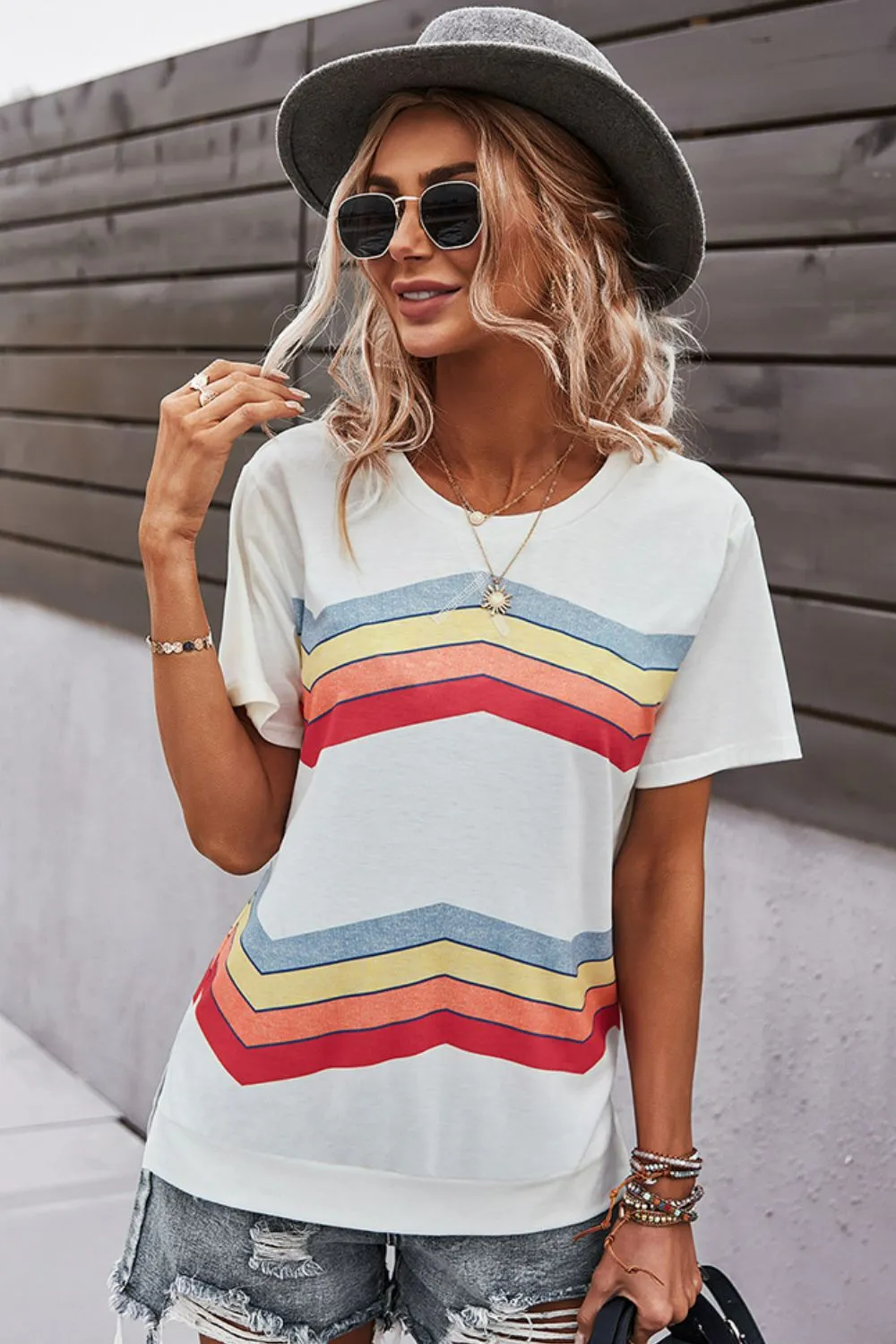 Multicolored Chevron Stripe Round Neck Side Slit T-Shirt