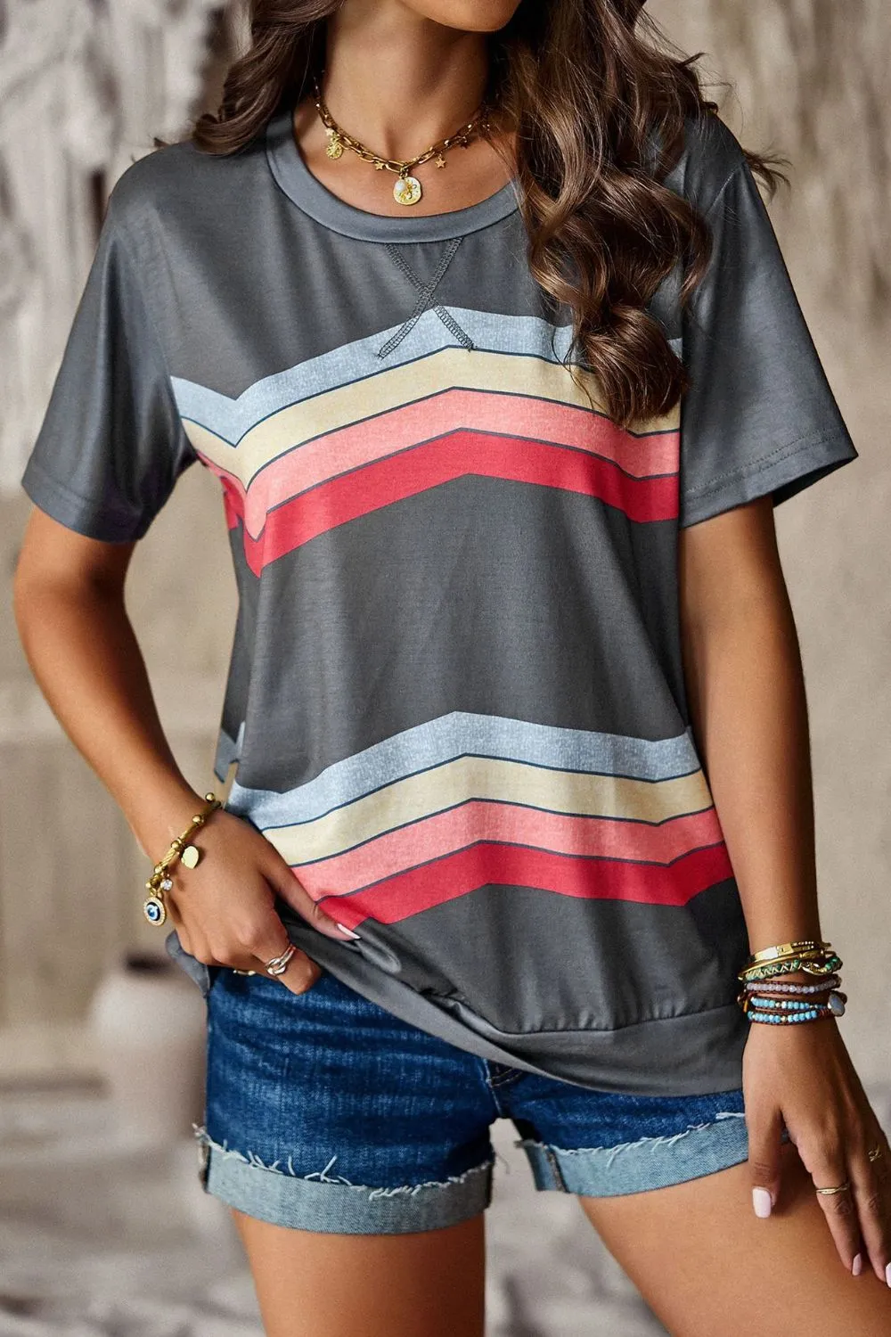 Multicolored Chevron Stripe Round Neck Side Slit T-Shirt