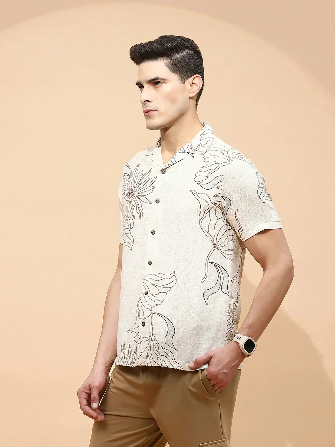 Natural Beige Cotton Regular Fit Shirt For Men