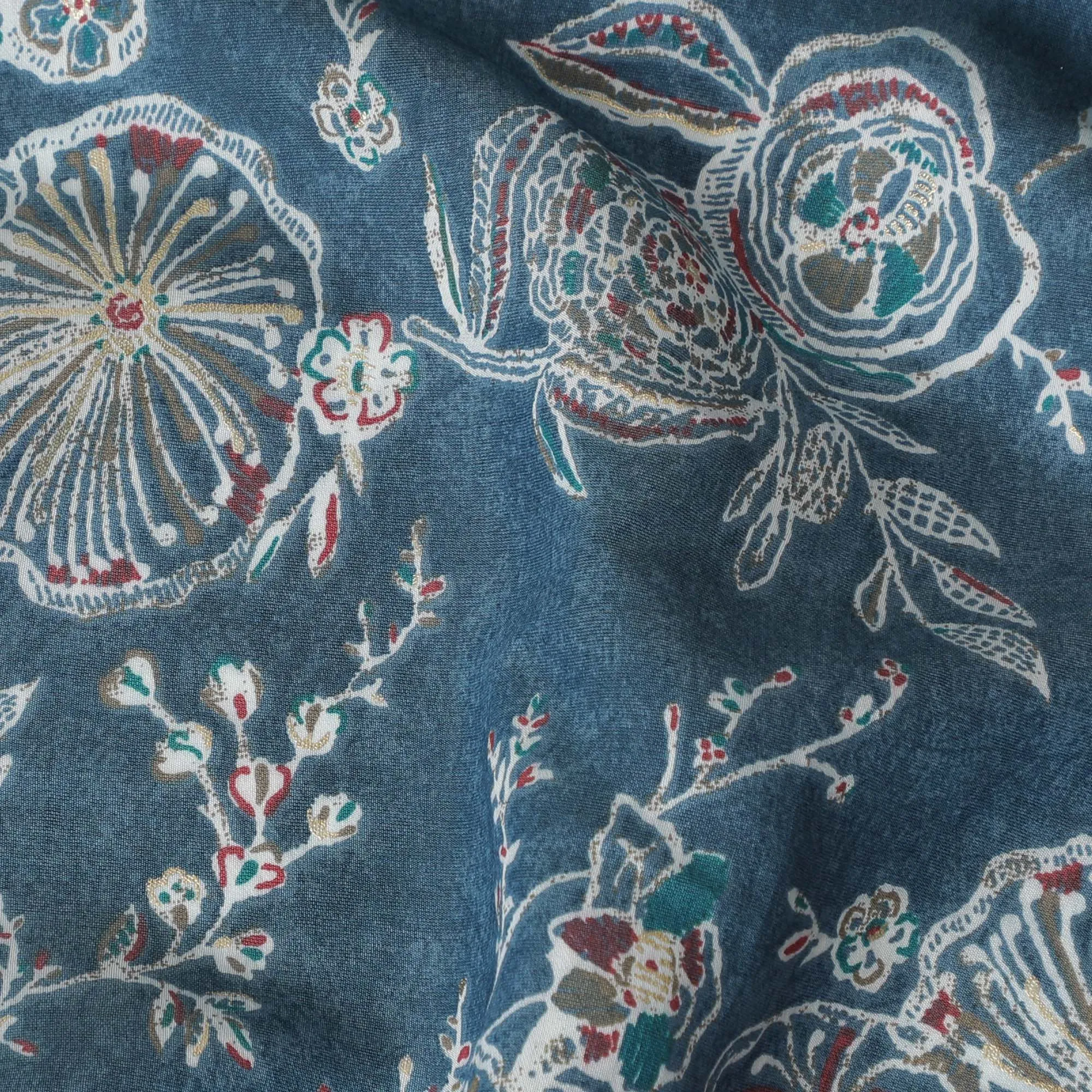 Navy Blue Cotton Lawn Fabric with Intricate Silver Embroidery Print, 110 cm Wide-D19143