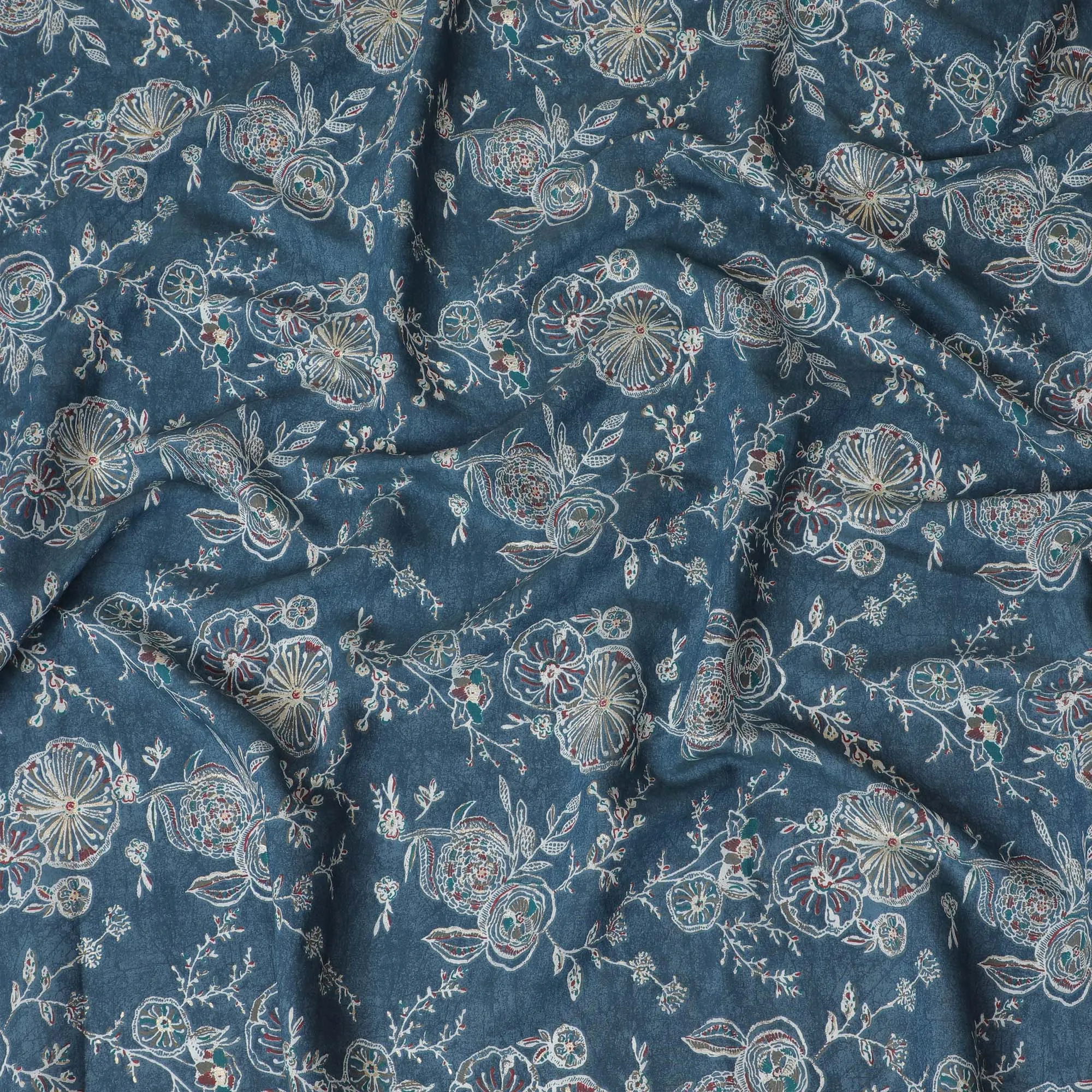 Navy Blue Cotton Lawn Fabric with Intricate Silver Embroidery Print, 110 cm Wide-D19143