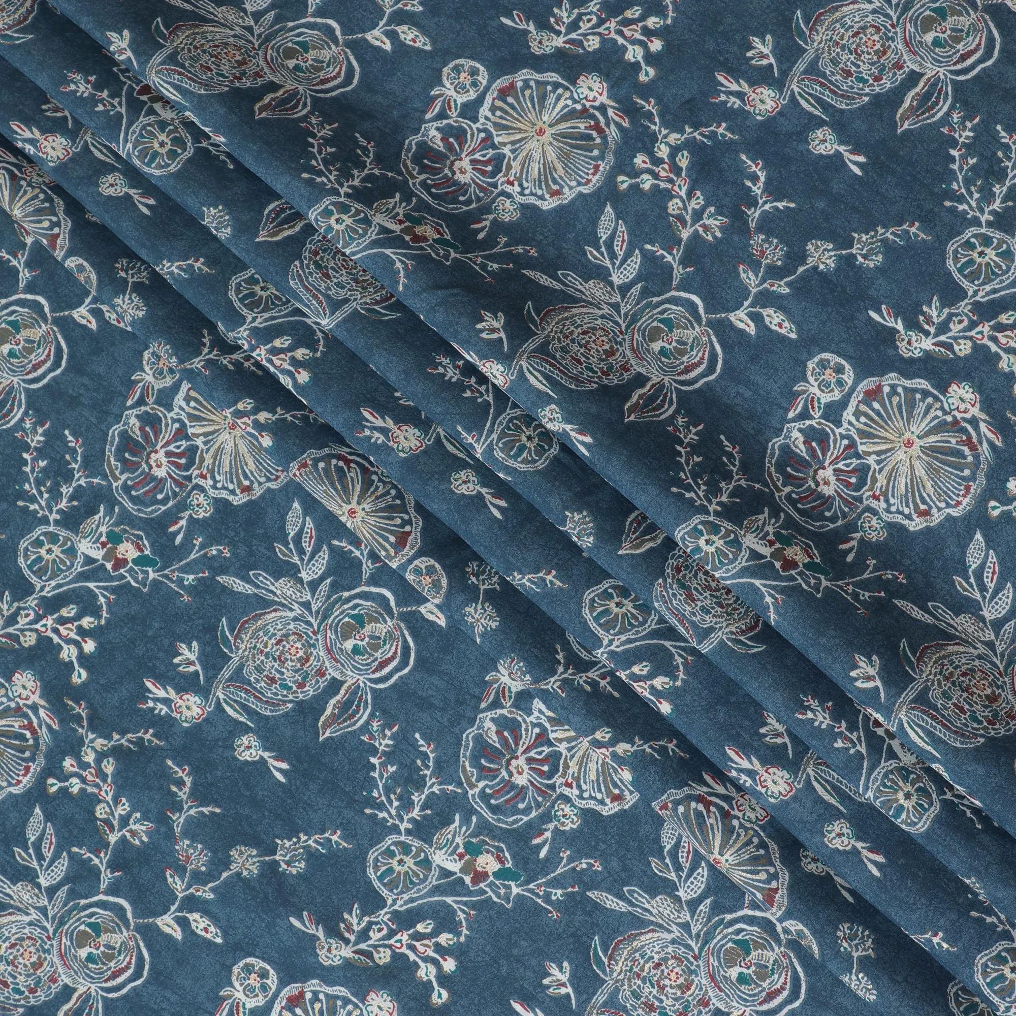 Navy Blue Cotton Lawn Fabric with Intricate Silver Embroidery Print, 110 cm Wide-D19143