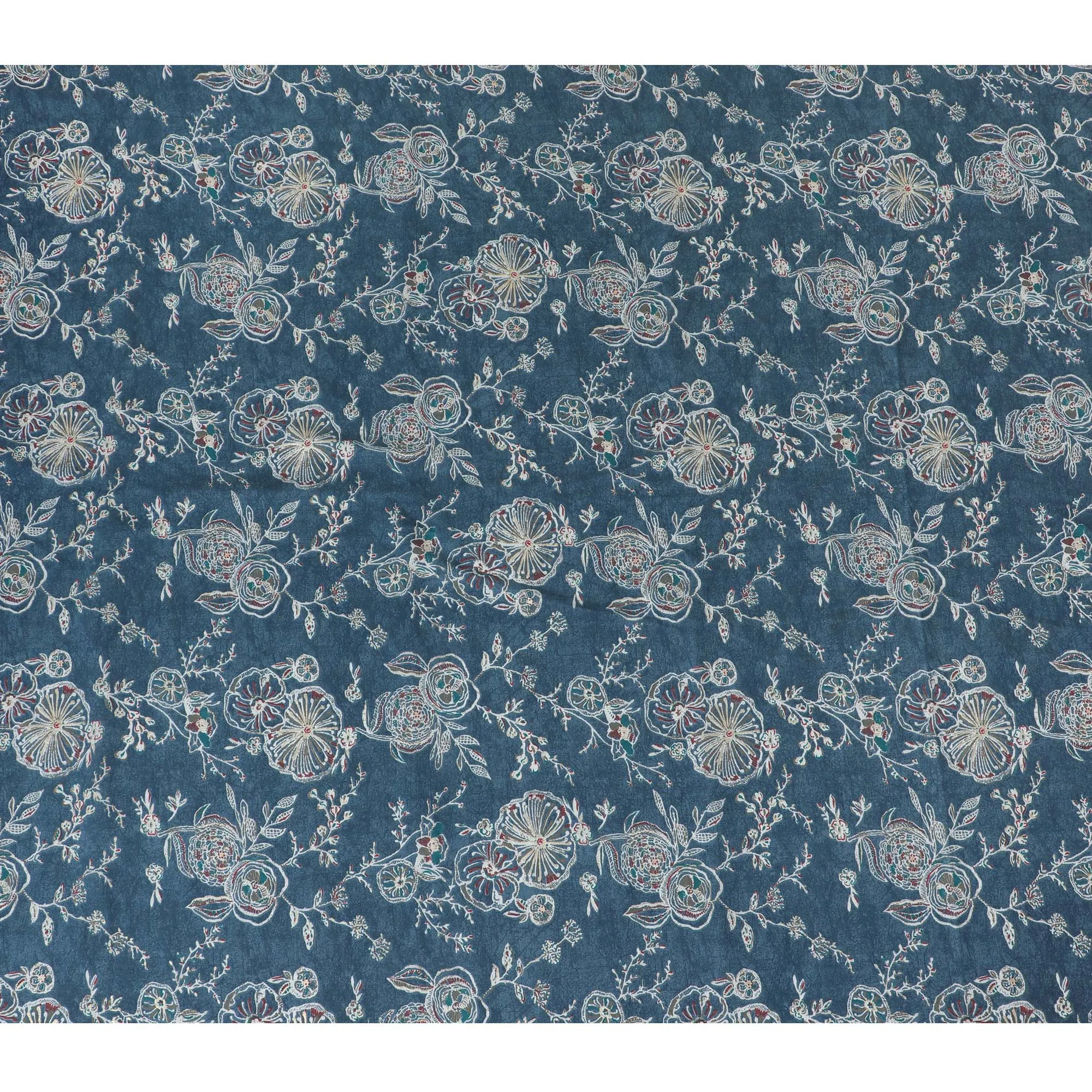 Navy Blue Cotton Lawn Fabric with Intricate Silver Embroidery Print, 110 cm Wide-D19143