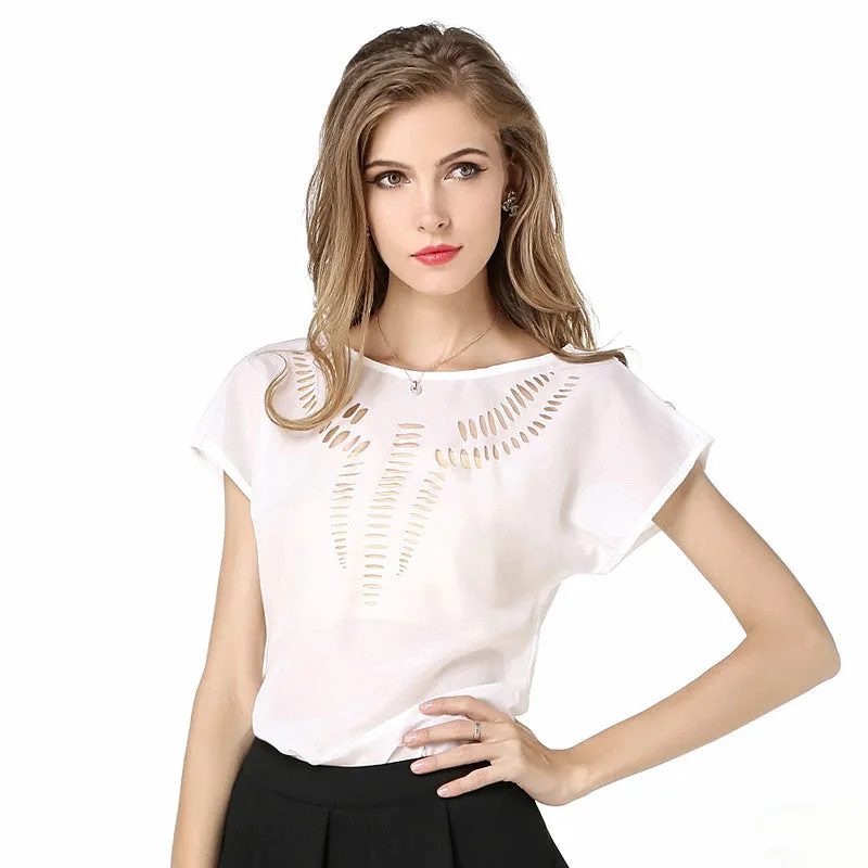 New Style Fashion Women Tops Blouse Summer Carved Hollow Out Short Sleeved Chiffon Blouse Leisure Chiffon Shirts Female Lady