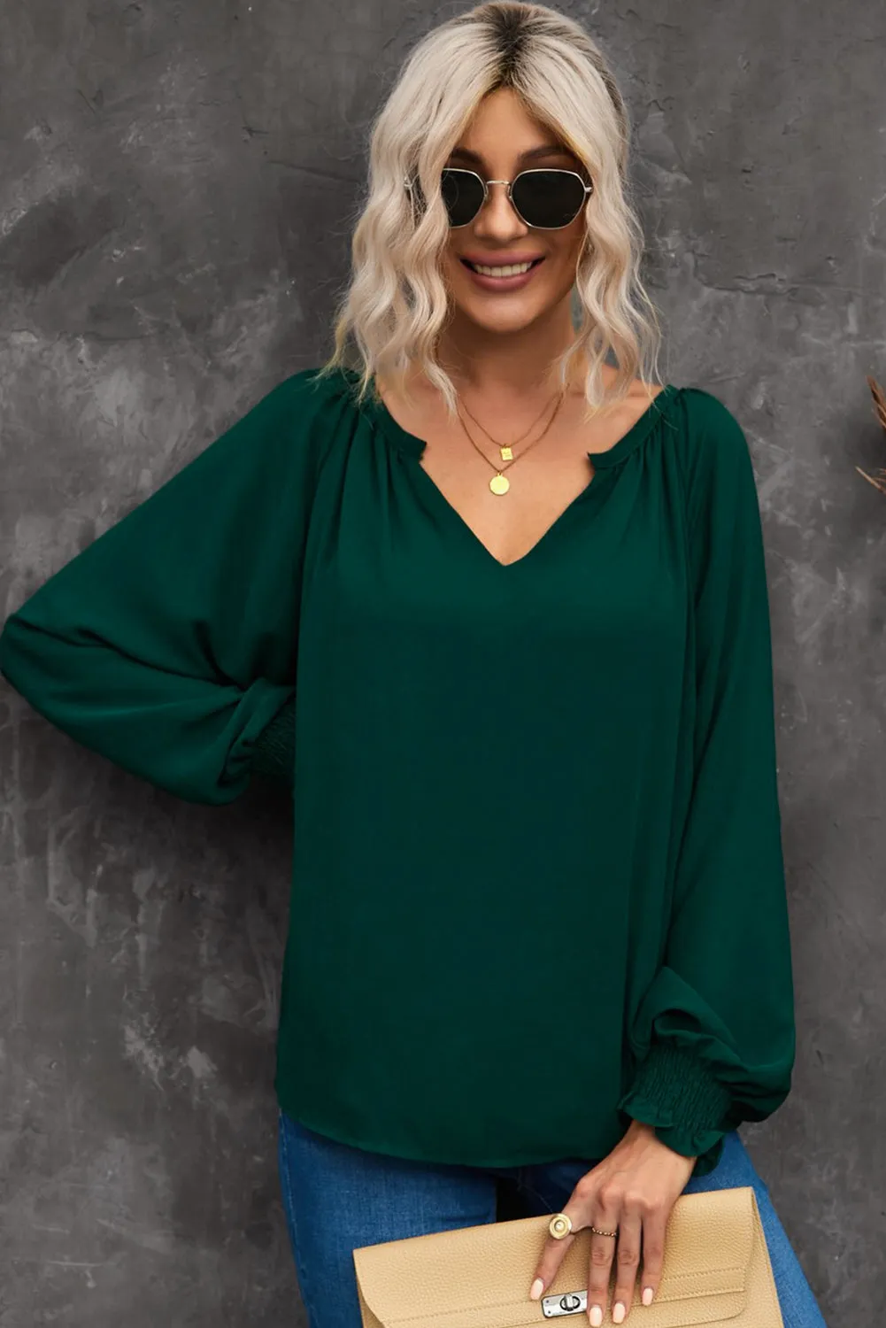 Notched Neck Lantern Sleeve Blouse