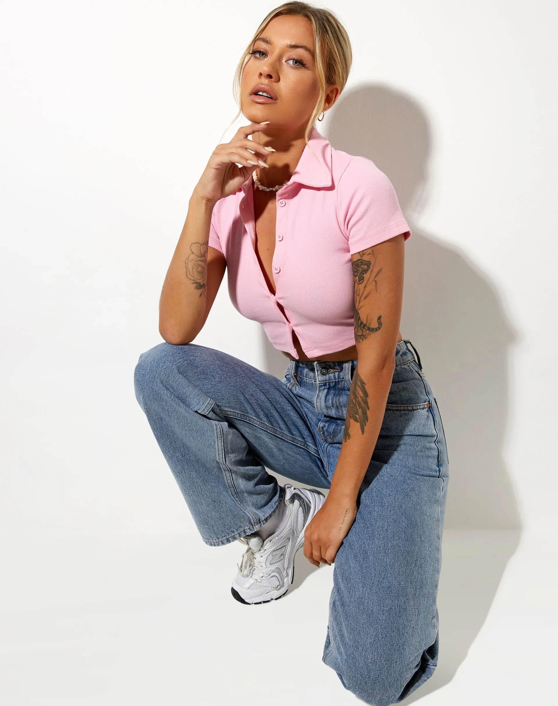 Panya Cropped Shirt in Rib Baby Pink