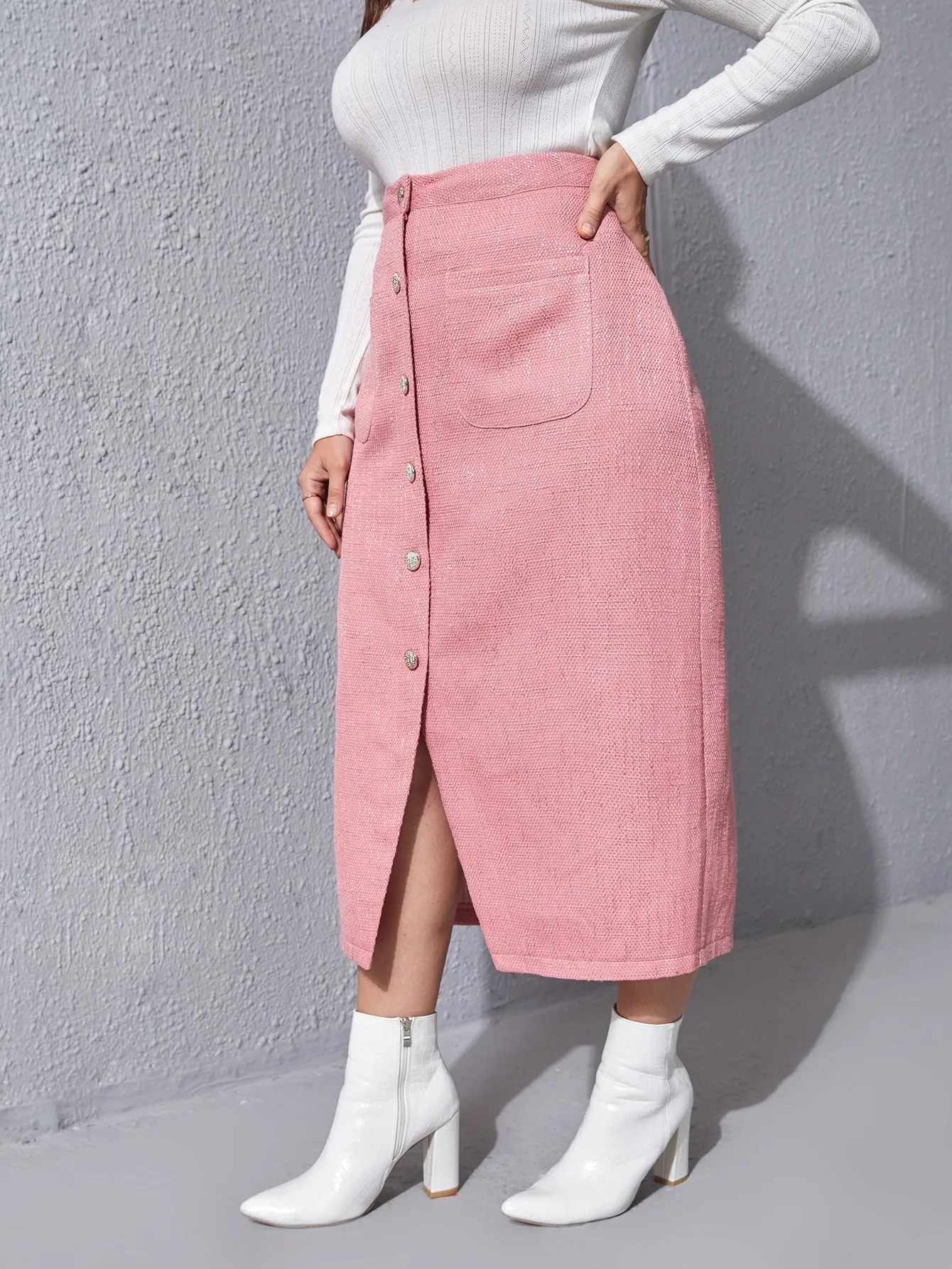 Plain Button Front Long Plus Size Skirts