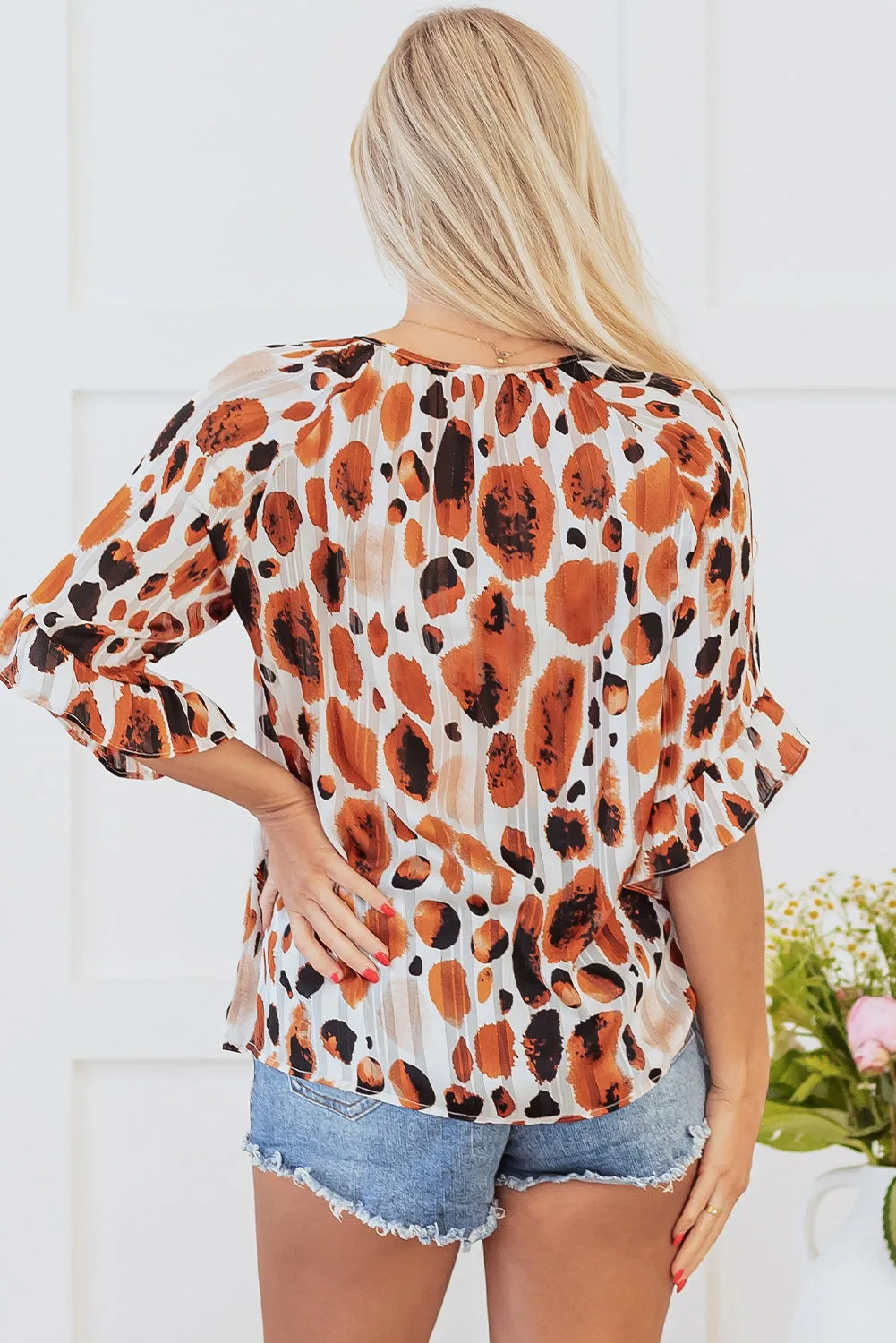 Pleated Abstract Ruffled 3/4 Sleeve Blouse