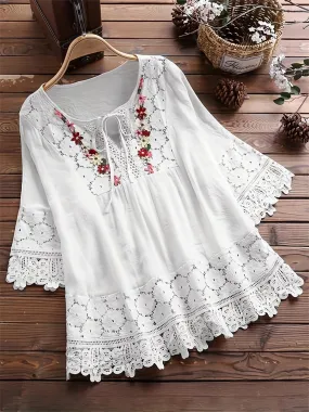 Plus Size Chic Blouse with Luxurious Floral Appliques - Dramatic Contrast Guipure Lace Tie Neck Top for Women