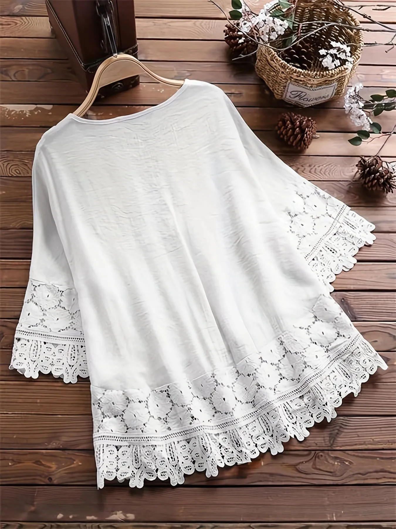 Plus Size Chic Blouse with Luxurious Floral Appliques - Dramatic Contrast Guipure Lace Tie Neck Top for Women