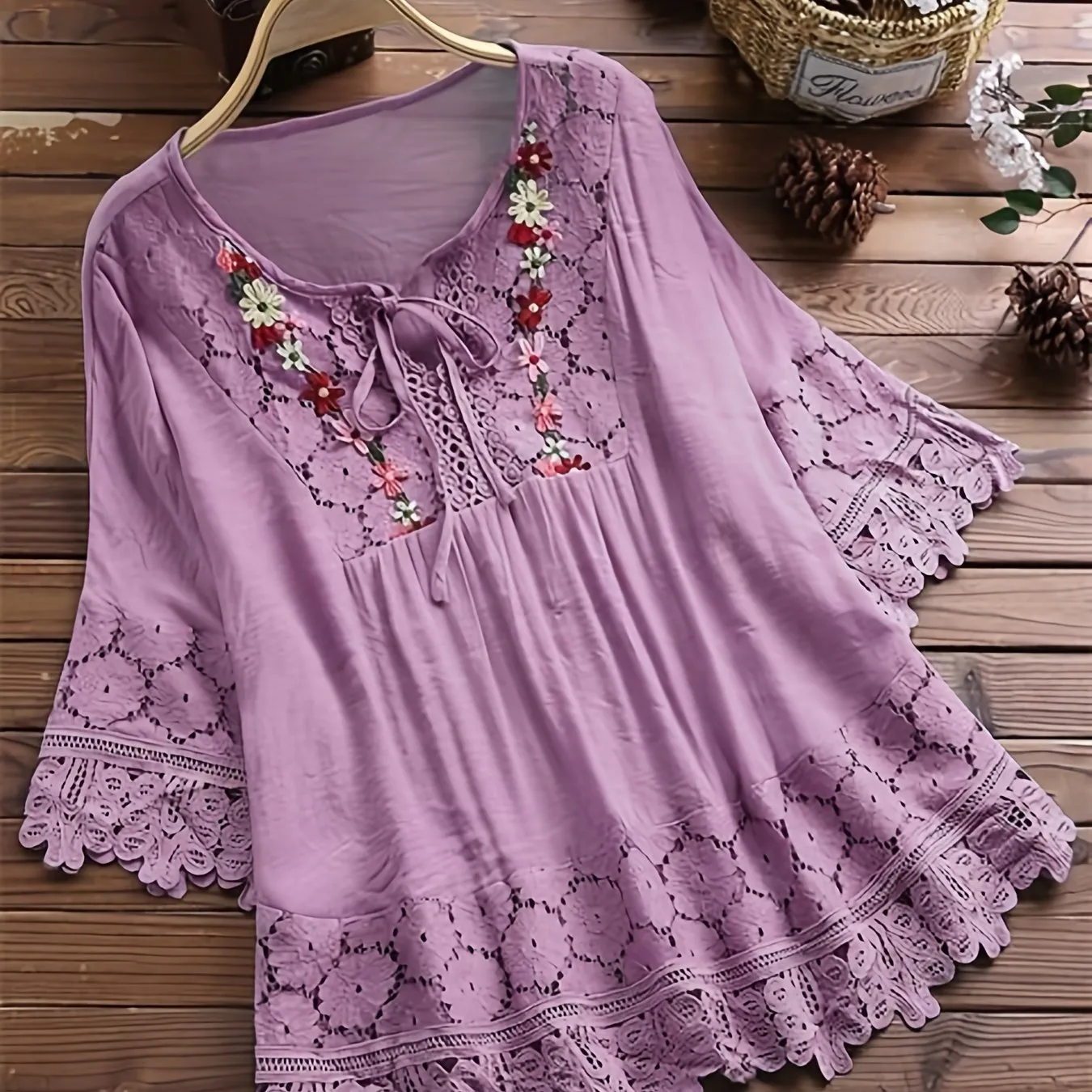 Plus Size Chic Blouse with Luxurious Floral Appliques - Dramatic Contrast Guipure Lace Tie Neck Top for Women