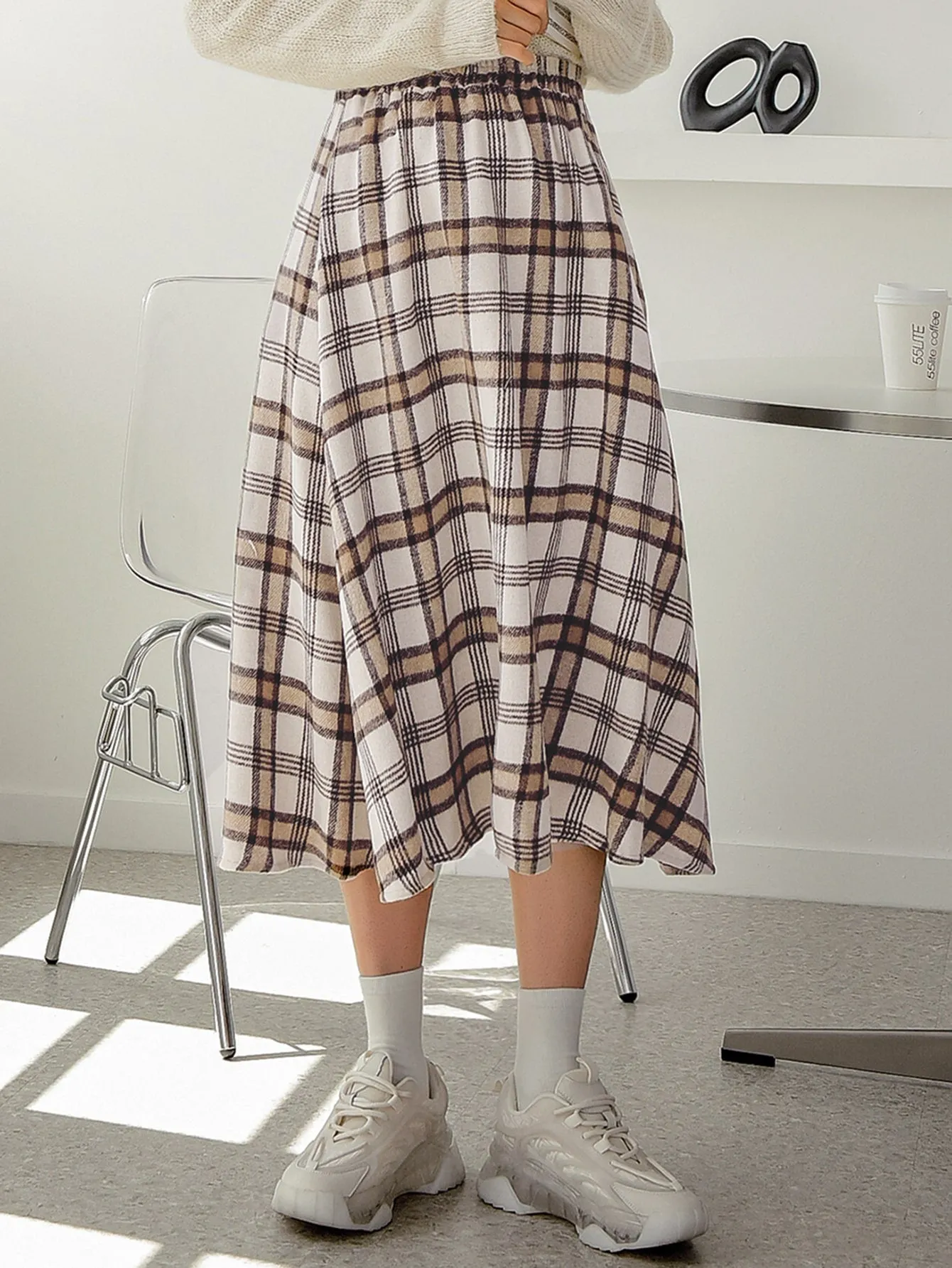 Preppy Plaid Natural Midi Women Skirt