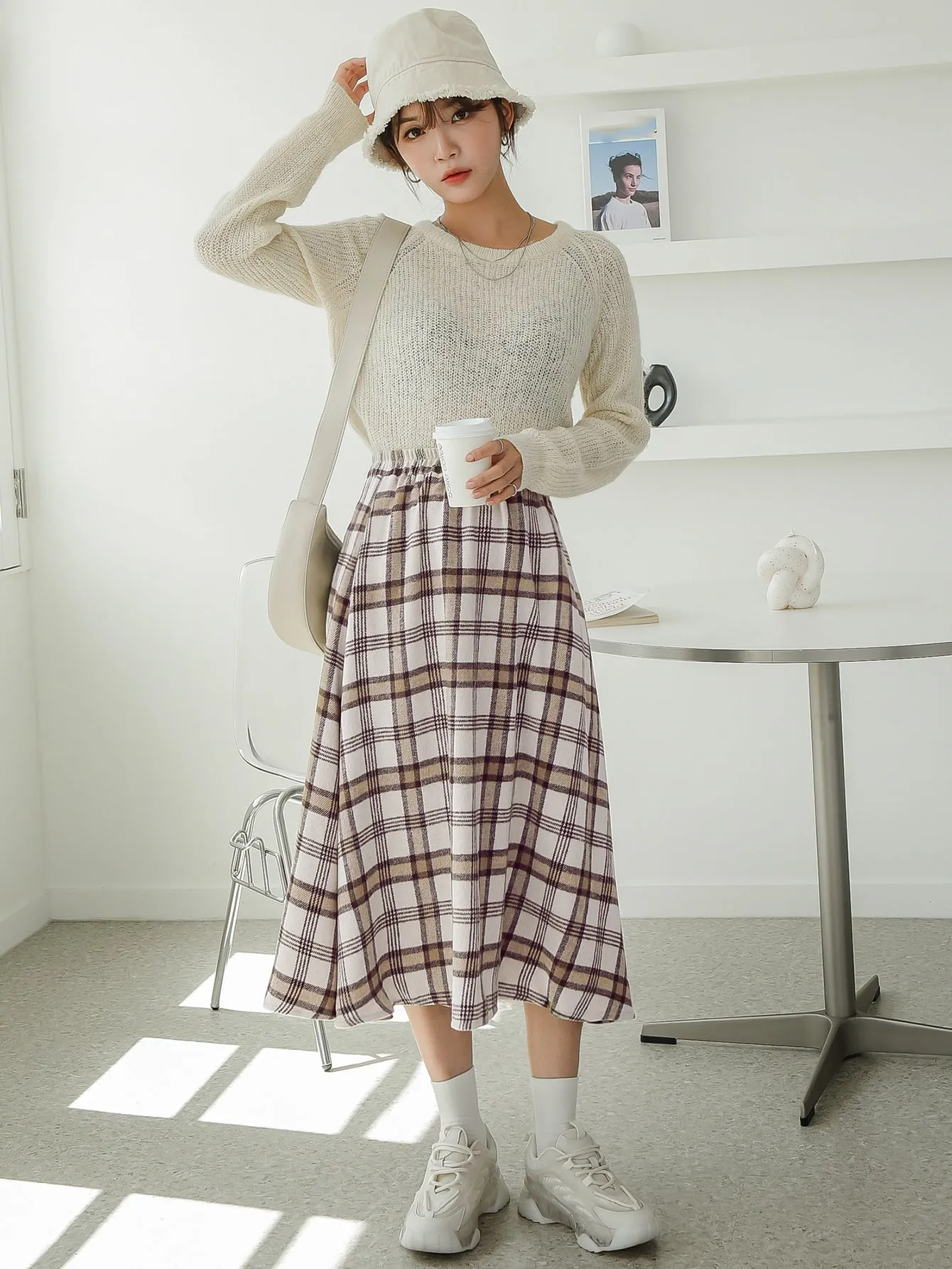 Preppy Plaid Natural Midi Women Skirt