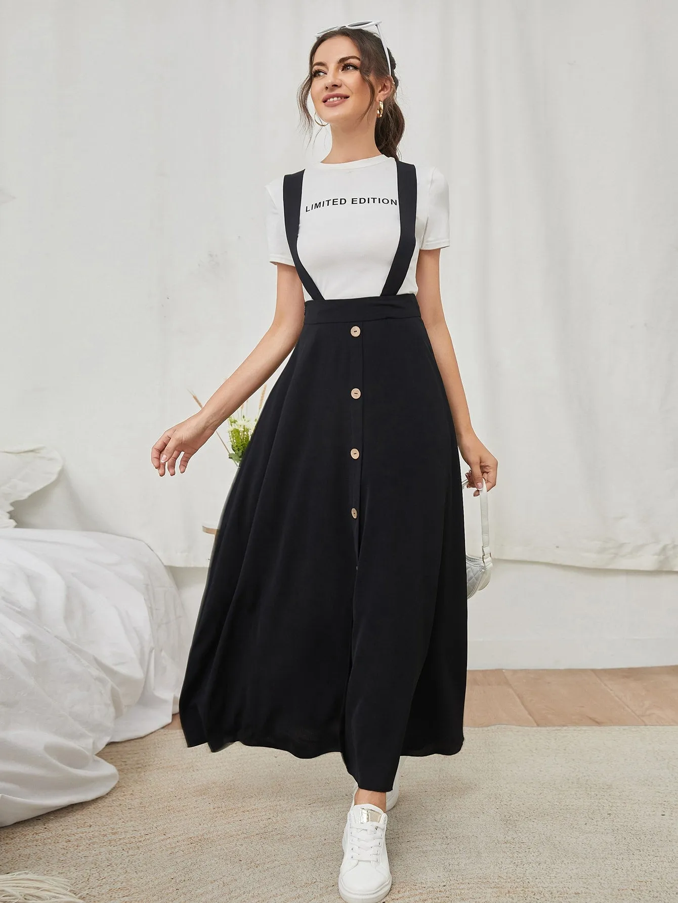 Preppy Plain Button Front High Waist Maxi Women Skirt