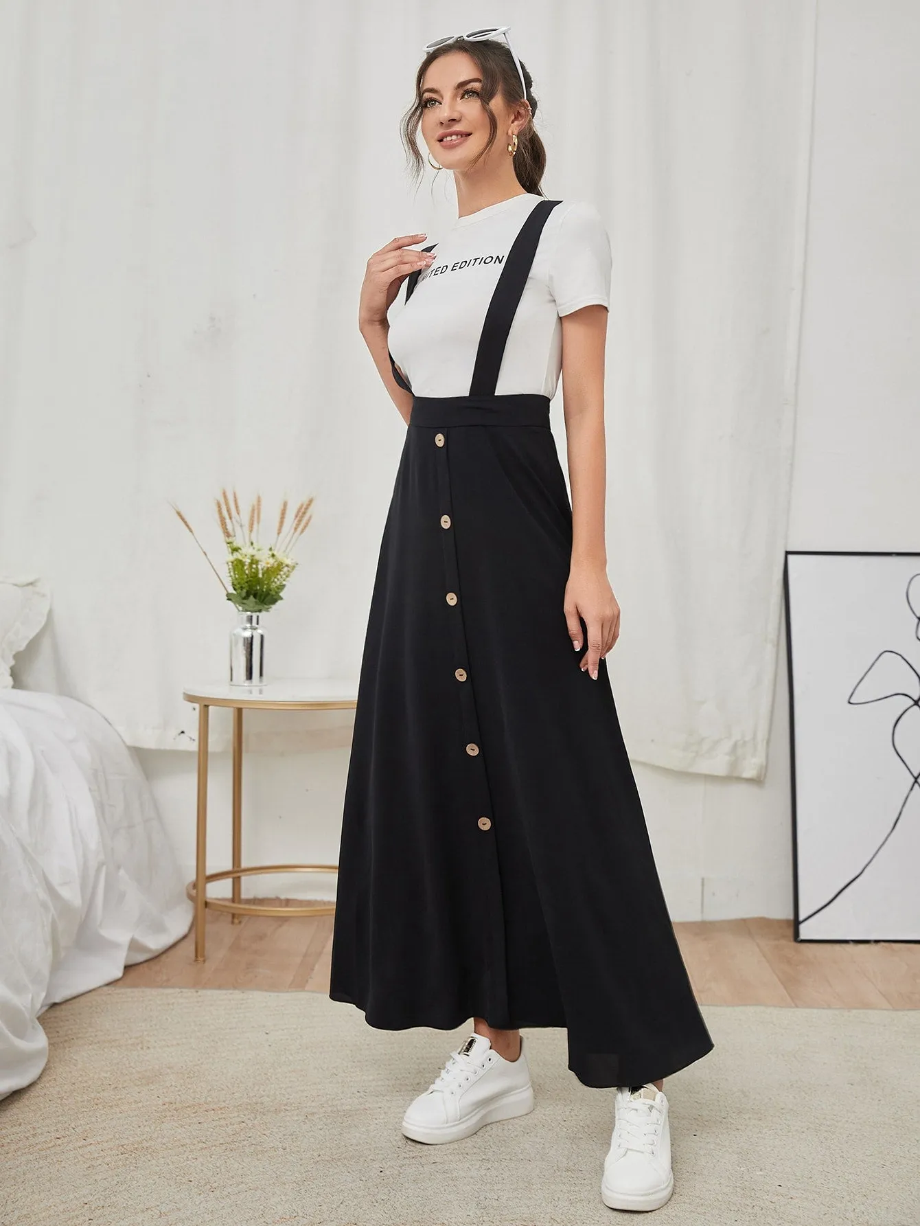 Preppy Plain Button Front High Waist Maxi Women Skirt