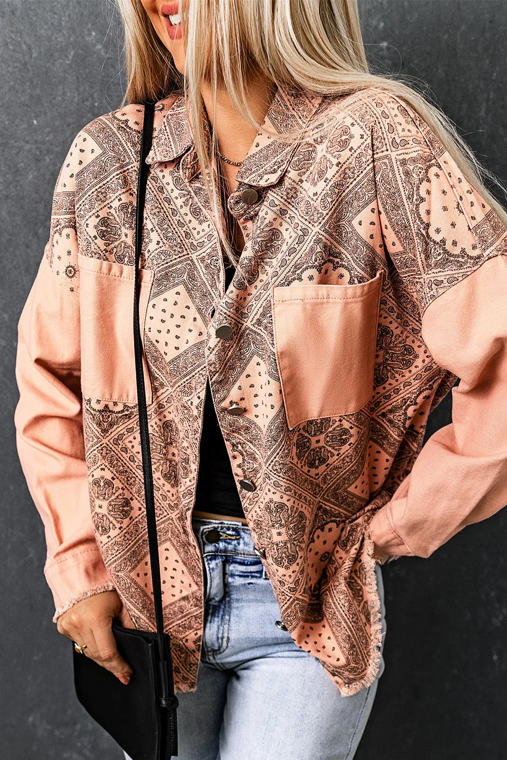 Printed Raw Hem Button Down Jacket with Pockets