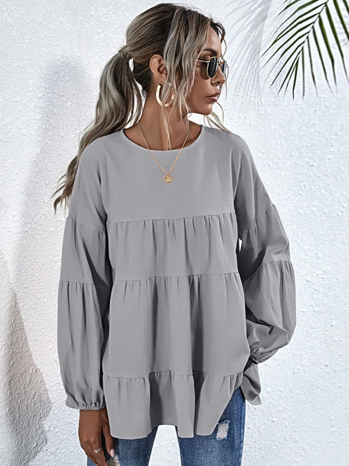 Round Neck Dropped Shoulder Tiered Blouse