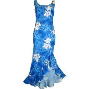 Royal Blue Orchid Print Elegant Dress