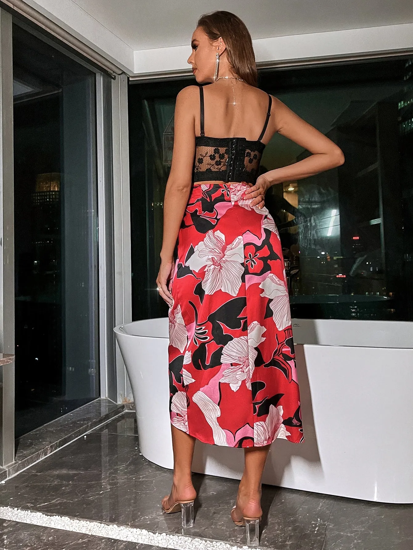 Sexy Floral Tie Front High Waist Long Women Skirt