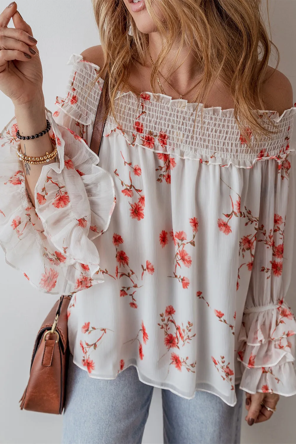 Shirred Off Shoulder Ruffled Blouse