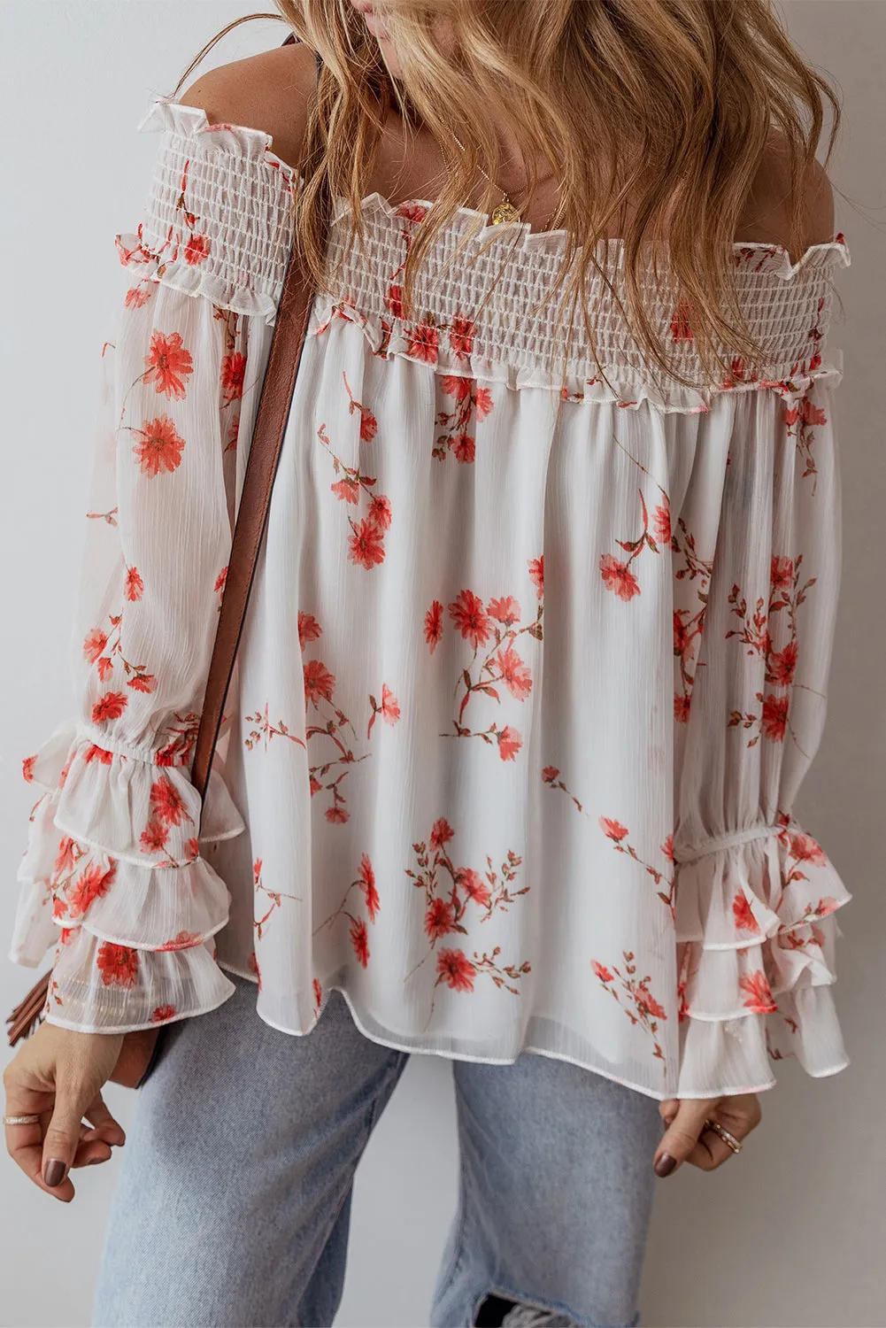 Shirred Off Shoulder Ruffled Blouse