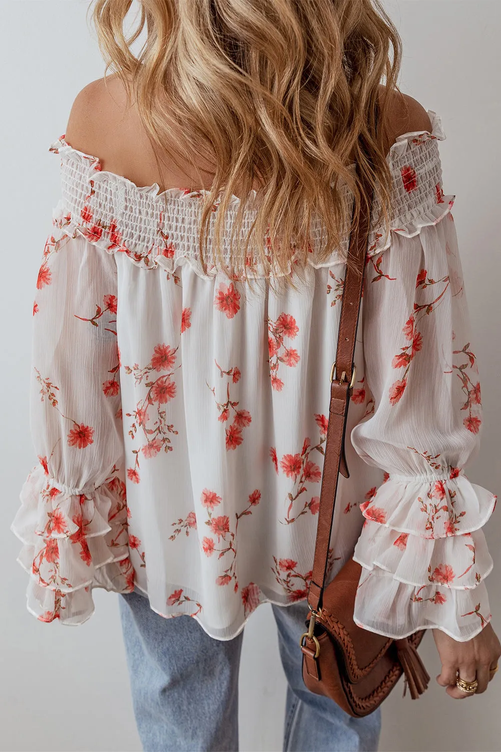 Shirred Off Shoulder Ruffled Blouse