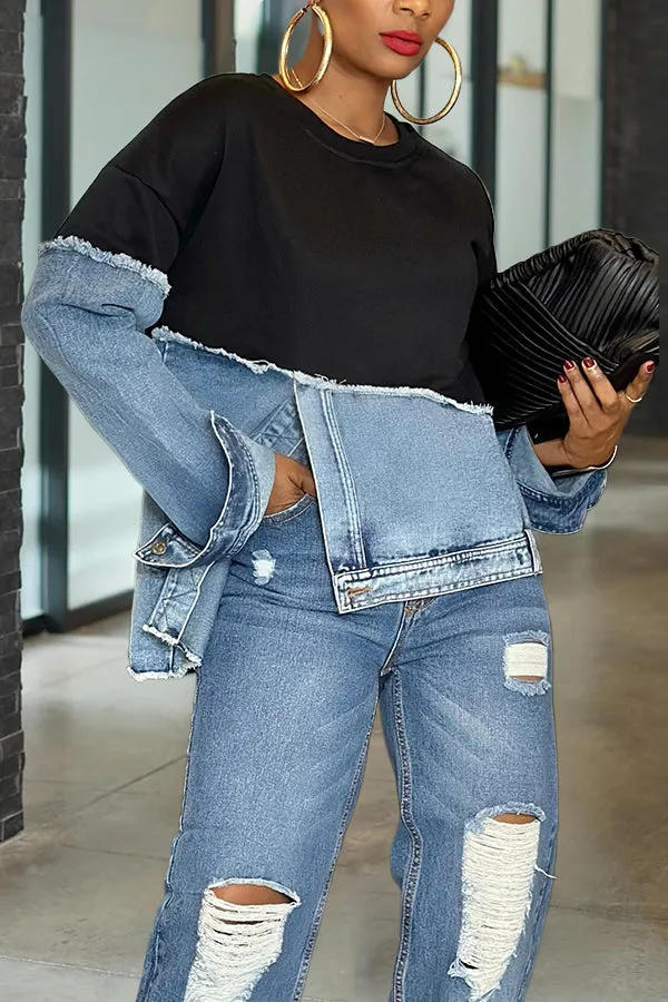 Stylish Irregular Hem Denim Patch Sweatshirt