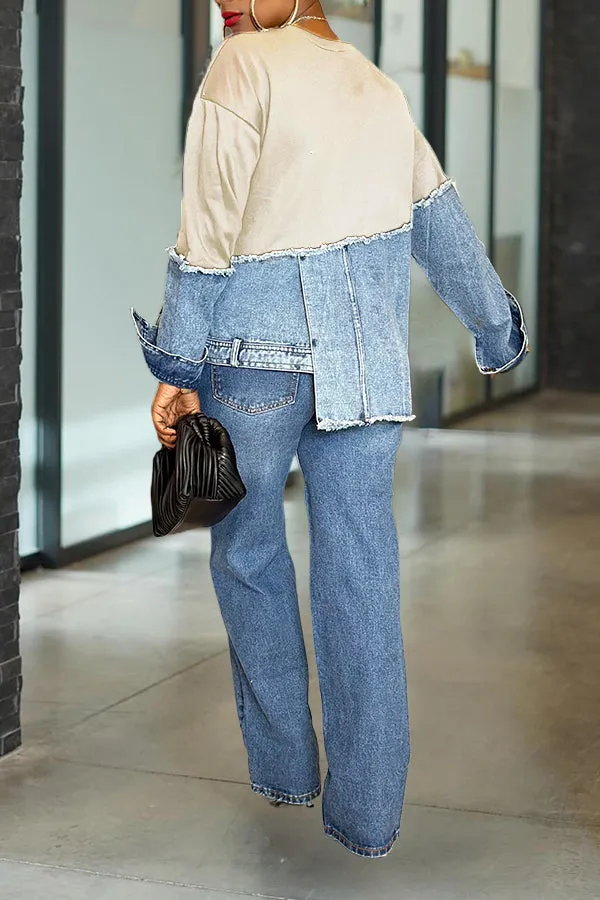 Stylish Irregular Hem Denim Patch Sweatshirt