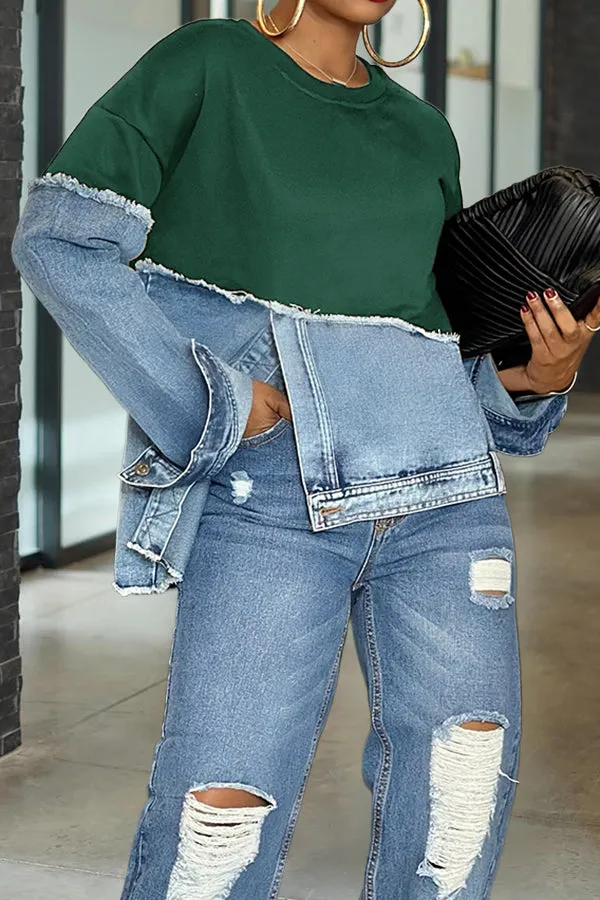 Stylish Irregular Hem Denim Patch Sweatshirt