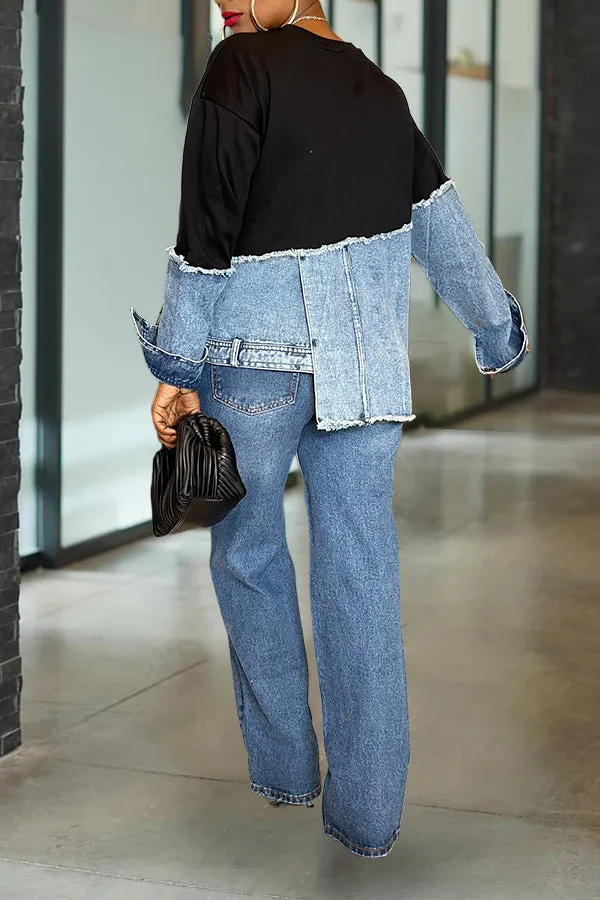 Stylish Irregular Hem Denim Patch Sweatshirt