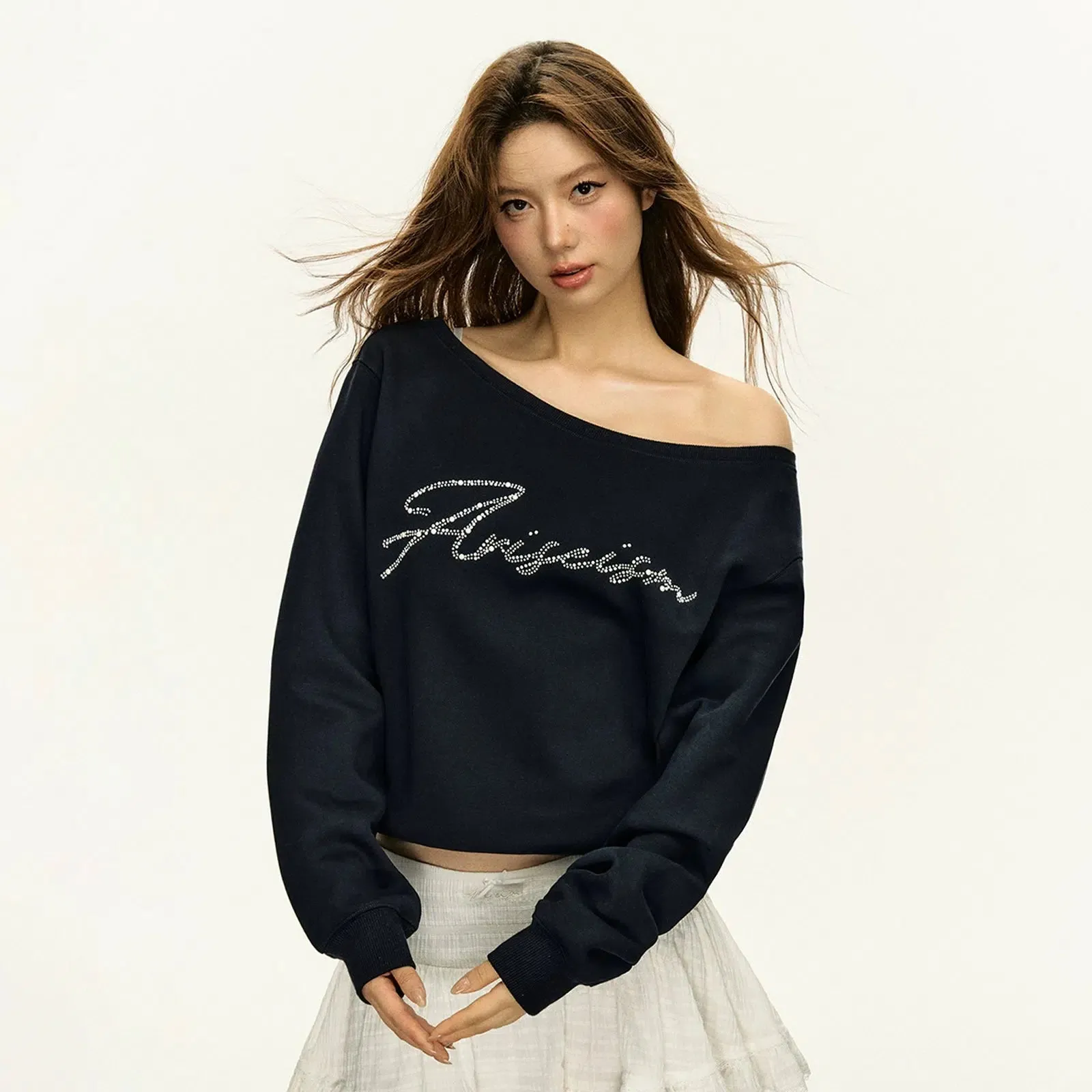 Stylish Rhinestone Off-Shoulder Sweatshirt