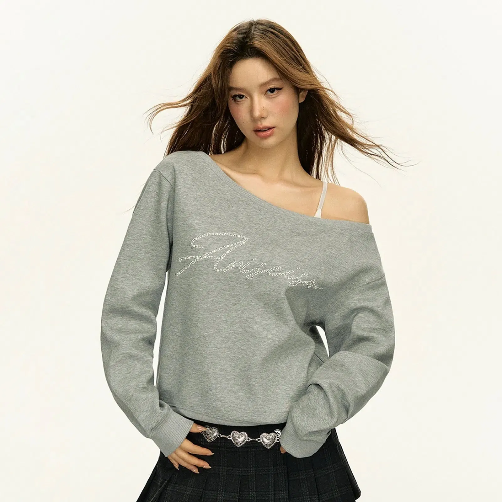 Stylish Rhinestone Off-Shoulder Sweatshirt