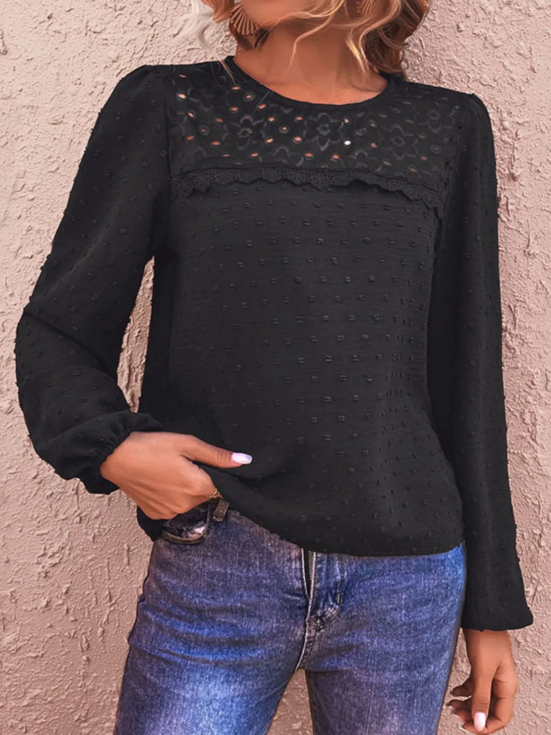 Swiss Dot Lace Trim Long Sleeve Blouse