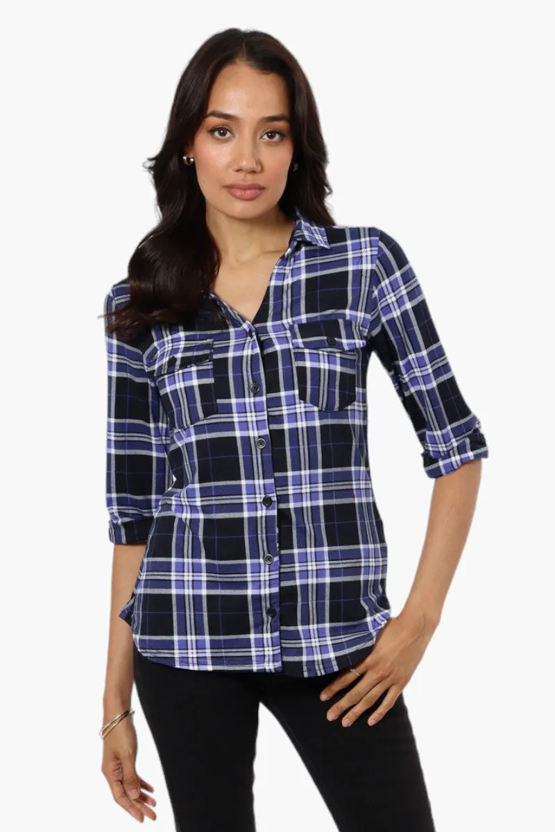 Urbanology Plaid Flap Pocket Button Down Shirt - Navy