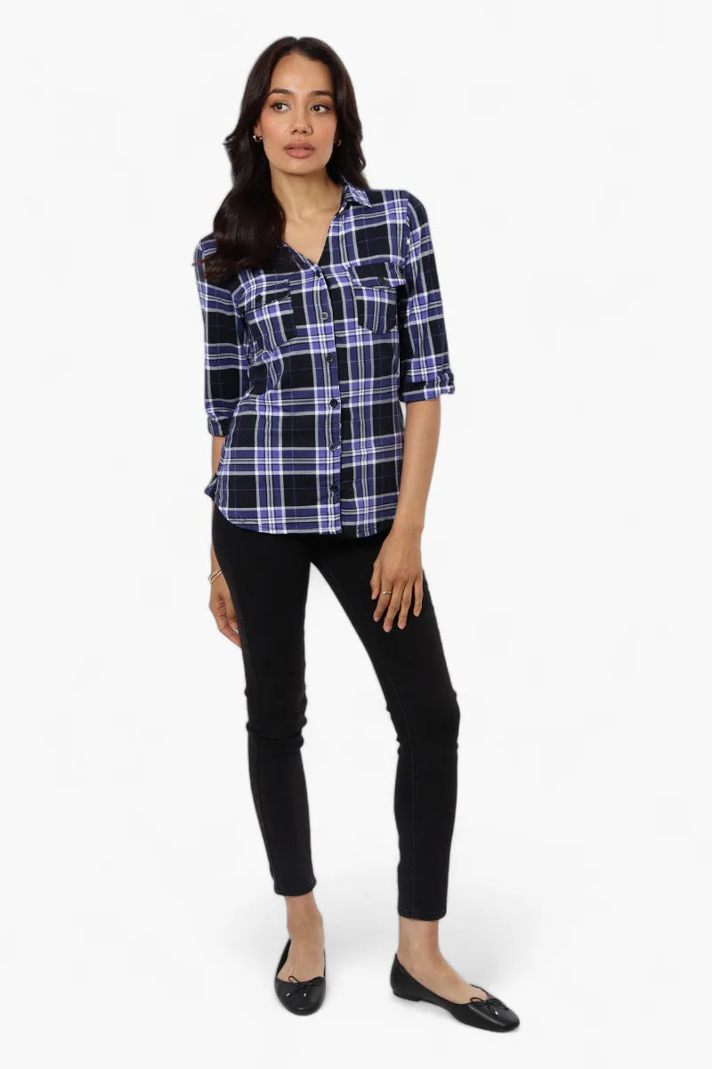 Urbanology Plaid Flap Pocket Button Down Shirt - Navy