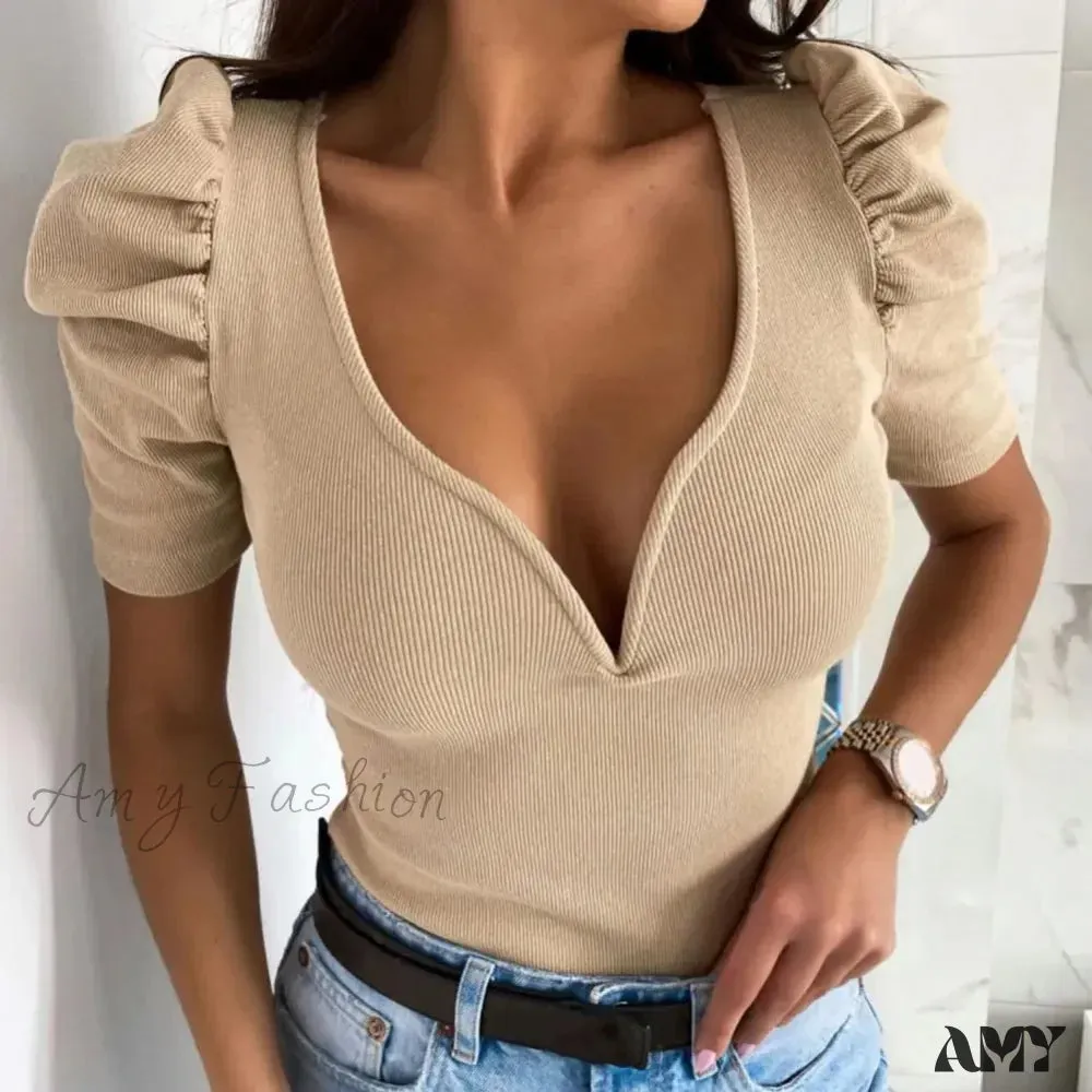 V-neck Ribbed Bodycon Puff Short Sleeve Slim Top Blouse