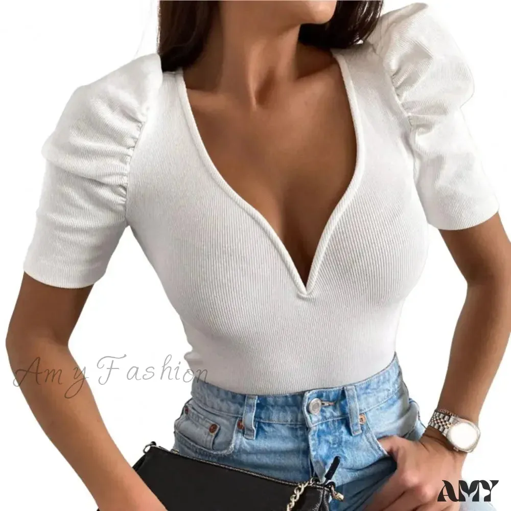 V-neck Ribbed Bodycon Puff Short Sleeve Slim Top Blouse