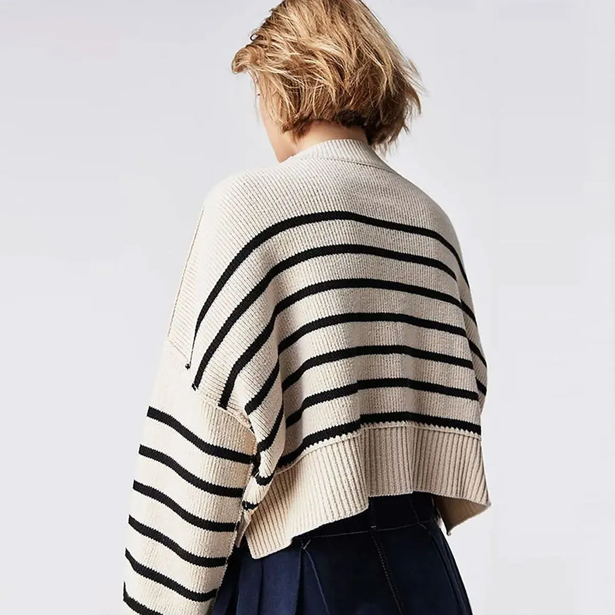 Vintage Contrast Stripe Inside Out Ribbed Knit Crop Oversized Sweater