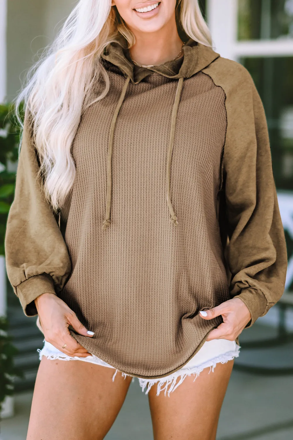 Waffled Expose Seam Drawstring Hoodie