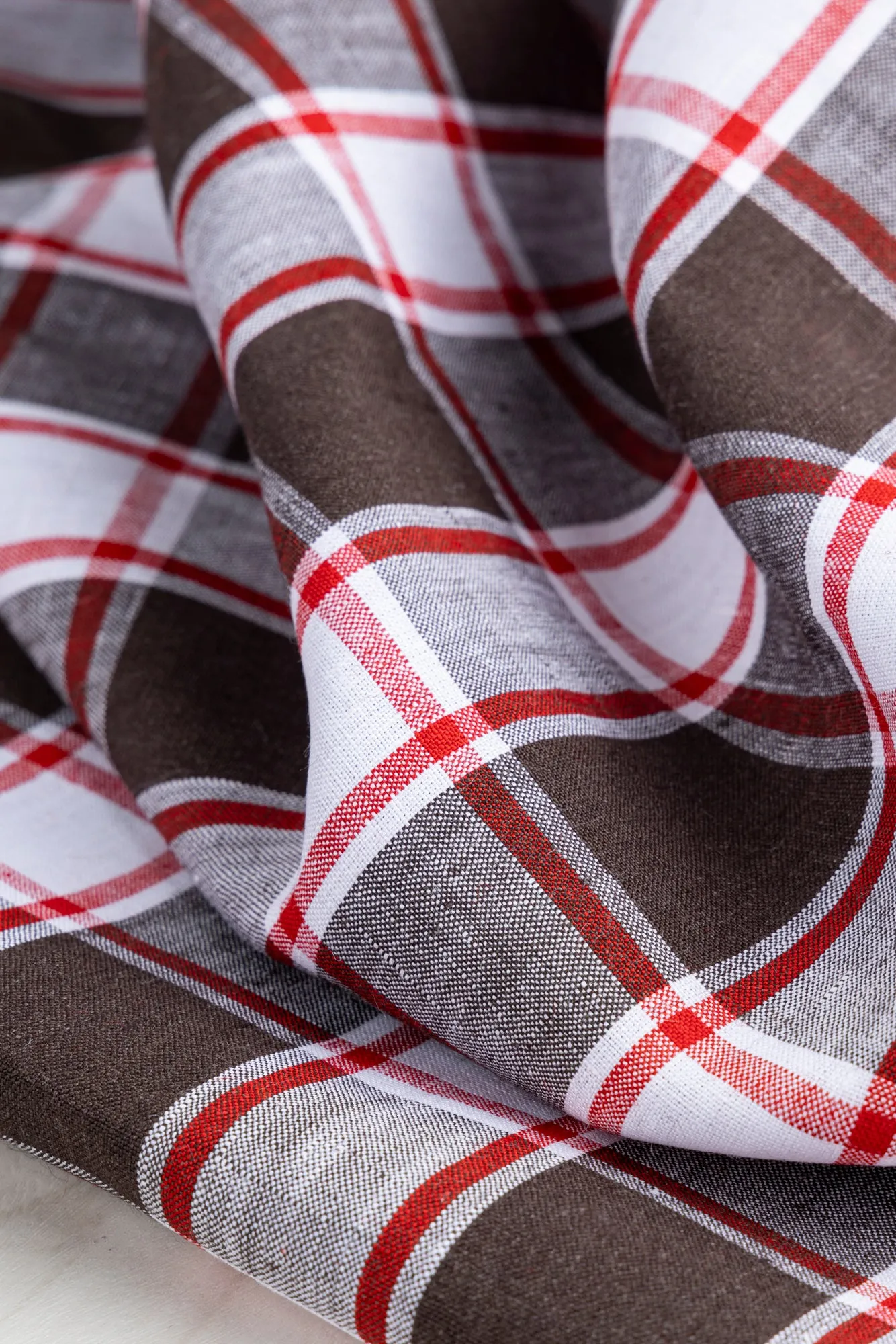 Yarn Dyed Plaid Irish Linen Suiting Deadstock - Brown   Red   White - Swatch