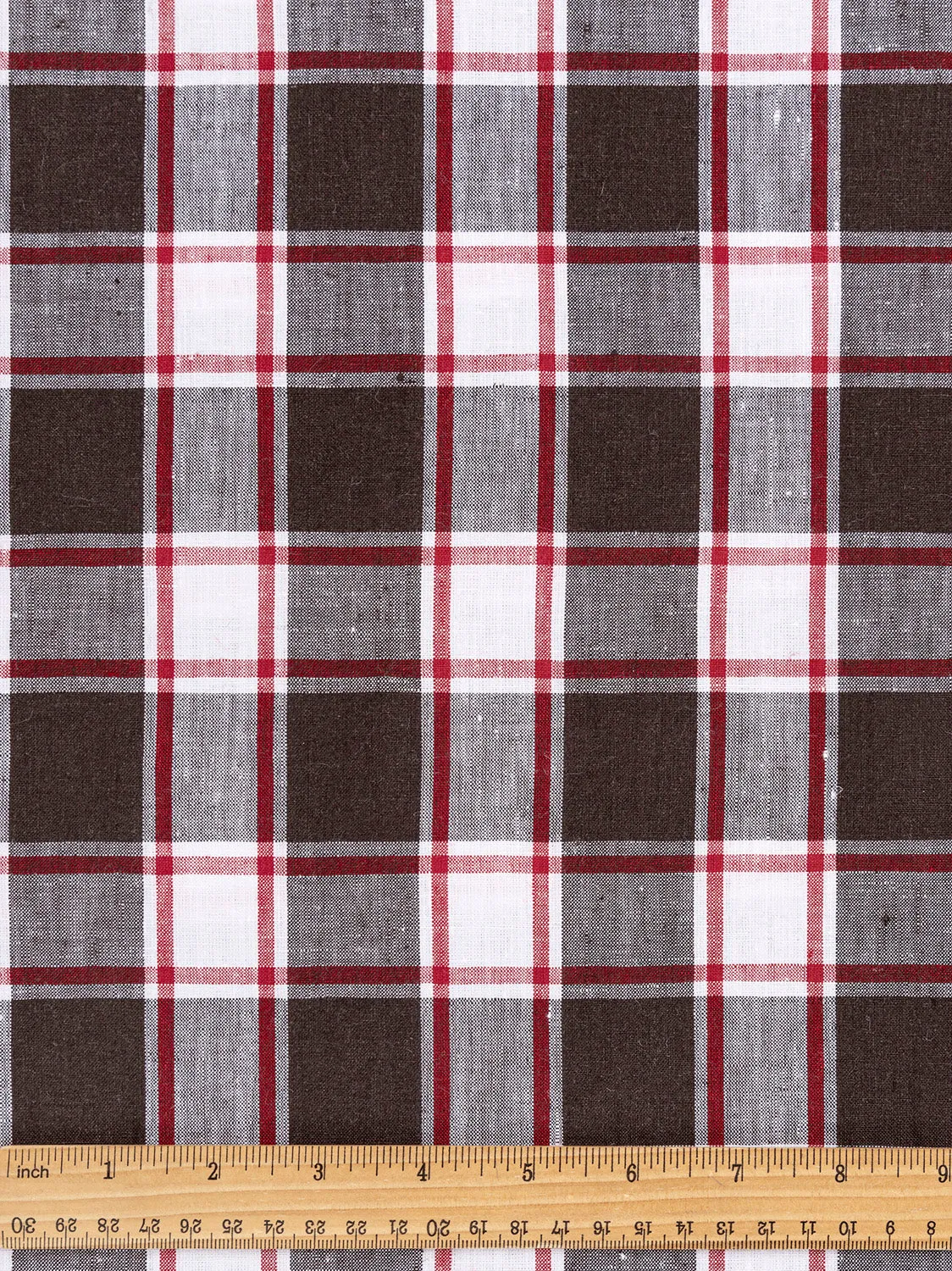 Yarn Dyed Plaid Irish Linen Suiting Deadstock - Brown   Red   White - Swatch